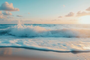 Sticker - A Gentle Wave Breaking on a Sandy Beach at Sunset