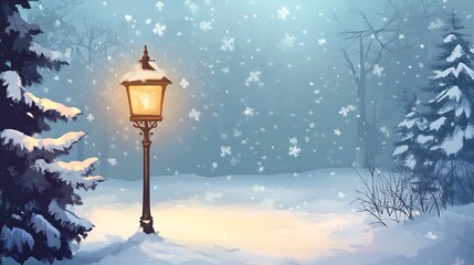 Wall Mural - Snowy Winter Landscape with a Luminous Lamppost