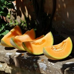 Sticker - Four slices of ripe cantaloupe melon on a stone surface.