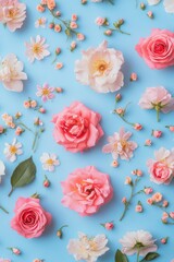 Wall Mural - Pink Roses and Flowers on Blue Background, Delicate Floral Arrangement with Soft Pastel Colors
