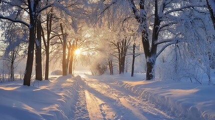 Wall Mural - Snowy Forest Path at Sunset