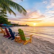 © DuangphonKPR - A sunset over a tropical beach, with colorful beach chairs and umbrellas lined up