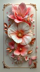 Wall Mural - Beautiful frame with pink and white flowers, 3D paper art style