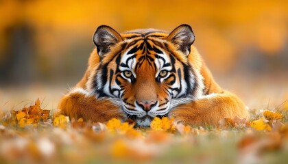 Poster - Close-up Portrait of a Tiger in Autumn Leaves