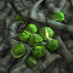 Wall Mural - Fresh green brussels sprouts arranged on a plaid fabric background.