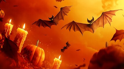 Wall Mural - Ghostly Halloween Pumpkin and Candles Scene with Bats on a Fiery Orange Background. 32k,