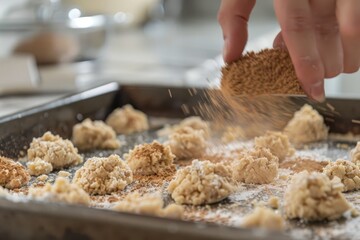 A person using a spatula to scoop food into a pan, with cinnamon and nutmeg sprinkled on top, Sprinkling cinnamon and nutmeg over a batch of cookie dough