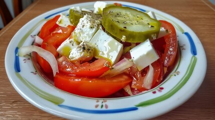 Poster - Fresh salad with tomatoes, cucumbers, cheese, and onions in a bowl.