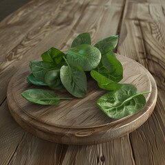 Poster - Fresh spinach leaves on a wooden cutting board.