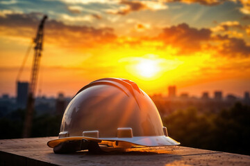 White hardhat is sitting on wood with the sun setting in the background of a job site