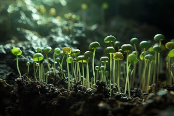 Poster - Cluster of vibrant green sprouts emerging from soil pods, growing eagerly towards the light, Sprouts emerging from soil pods, reaching eagerly towards the light