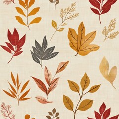 Wall Mural - Vintage autumn leaf pattern on vintage beige fabric background, seamless repeating pattern, textile print style, minimal, nature design, seamless autumn leaf pattern, home decor