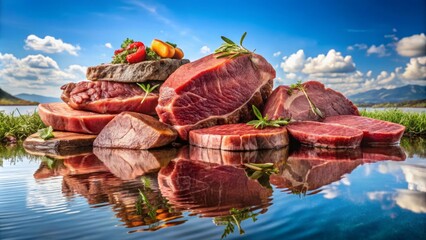 a photo image of brown and red beef roasts and steaks of different sizes floating on the surface of a calm glassy water