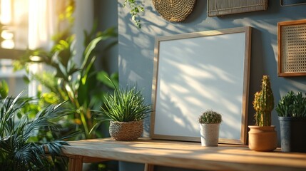 Canvas Print - Empty Frame Mockup with Plants and Sunlight