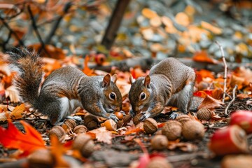 Sticker - Two squirrels are munching on nuts in a pile of brown leaves, Squirrels gathering acorns in preparation for winter