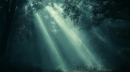 Glowing light beams breaking through a dense fog in a dark forest, mysterious and captivating, forest glowtime, eerie and enchanting