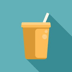 Wall Mural - Yellow disposable paper coffee cup with a white straw casting a long shadow over a turquoise background