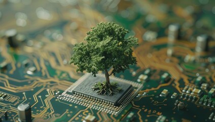 Poster - A miniature tree growing from a computer chip on a circuit board