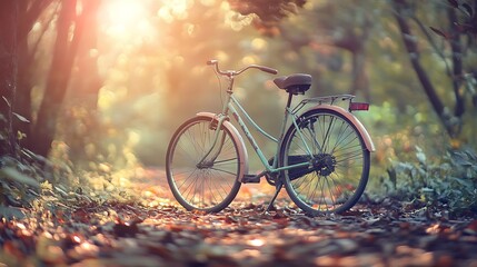 Poster - A Vintage Bicycle Parked in a Forest Path