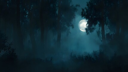 Wall Mural - a dark, foggy forest with a full moon shining through the trees