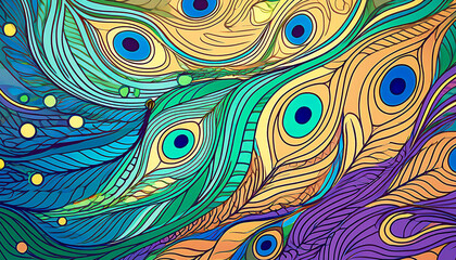 Wall Mural - Elements of nature in texture, colorful modern background, stylized peacock (peafowl) feathers in bright colored texture, abstract background