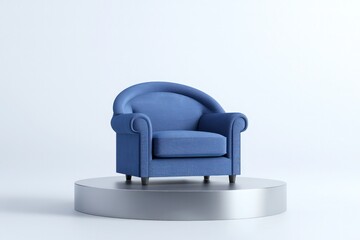 Wall Mural - Digital minimalist depiction of a cobalt blue armchair on a silver base, white background focus.