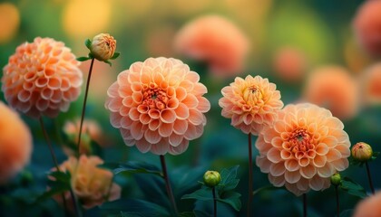 Sticker - Peach-Colored Dahlias in Bloom with Green Foliage