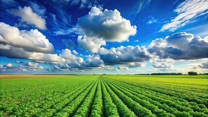 A vast green agricultural field of crops under a bright blue summer sky with fluffy white clouds