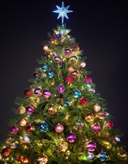 Wall Mural - Illuminated Christmas tree with star on top with colorful baubles reflecting in the dark