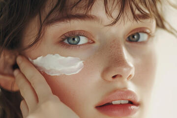 Wall Mural - A beautiful European woman is applying face cream for an advertisement.