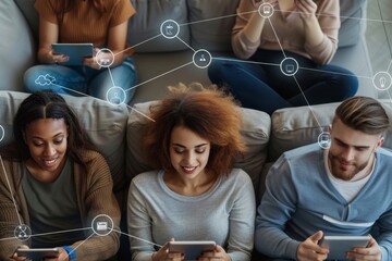 Poster - Several individuals gathered on a couch, engaged with a tablet device, Staying connected through digital communication channels