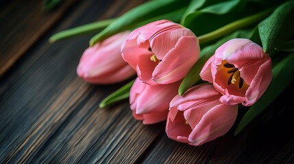 Canvas Print - Pink Tulips on Wooden Background