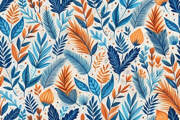 Wall Mural - Abstract modern seamless pattern with blue and orange brushstrokes and botanical elements perfect for textiles and backgrounds Silhouette