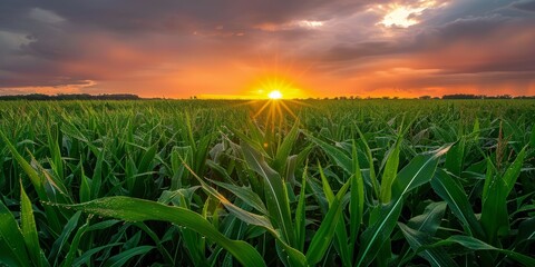 Wall Mural - Sunset Over Dew-Covered Cornfield