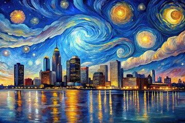 Aerial night view of Detroit city skyline with starry sky