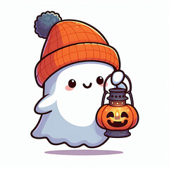 Wall Mural - adorable ghost in orange hat with lamp in Halloween style