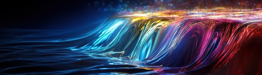 Wall Mural - Vibrant Abstract Digital Art of Colorful Waves with Sparkling Light Effects in a Dark Background