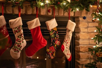 Poster - Several Christmas stockings are hanging from a mantel above a fireplace, Stockings hung by the chimney with care