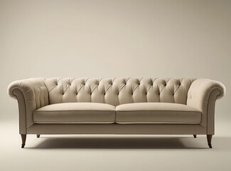 Wall Mural - Classic soft beige couch highlighting simplicity and comfort in a minimalist setting with plain backdrop.