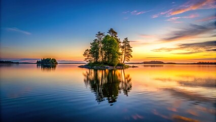 Wall Mural - An island in a peaceful lake at sunset with a vibrant sky filled with clouds and a smooth water surface captured from a low angle