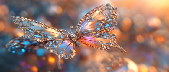 Wall Mural - Stunning Close-Up of a Vibrant, Intricately Detailed Butterfly with Glittering Wings in a Dreamy Bokeh Background