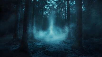 Wall Mural - A dark forest with a spooky, glowing mist rising from the ground