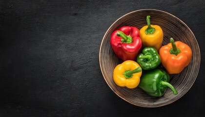 Wall Mural - Bell pepper in a bowl on a black background, top view, copy space 