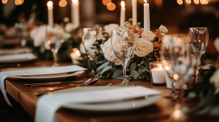 A beautifully set wedding reception table with elegant place settings, candles, and floral centerpieces, ready for guests to arrive.