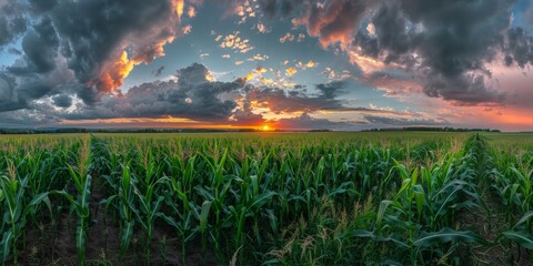 Wall Mural - A Sunset Over a Cornfield with Dramatic Clouds