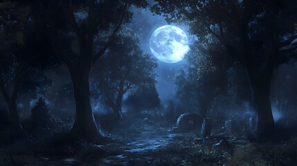 Wall Mural - a full moon illuminating a haunted forest