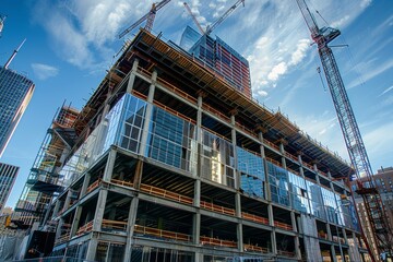 Wall Mural - A tall building in the process of construction, showcasing numerous windows and a modern architectural design, Structures and materials used in modern construction technology