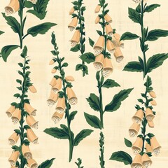 Wall Mural - Vintage retro style foxglove pattern on vintage page background, seamless repeating pattern, minimal pattern foxglove, vintage flowers, retro floral, seamless design, wallpaper, textiles