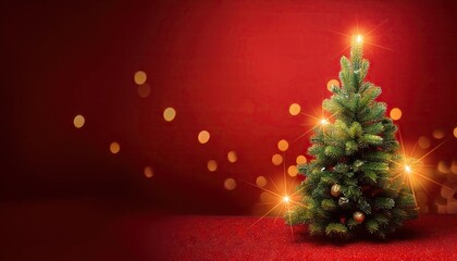 Wall Mural - Christmas background with xmas tree and sparkle bokeh lights on red canvas background