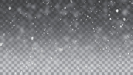 Wall Mural - Vector falling snow overlay. Realistic shining snowfall background. Realistic falling snowflakes. Isolated on transparent background. Vector illustration